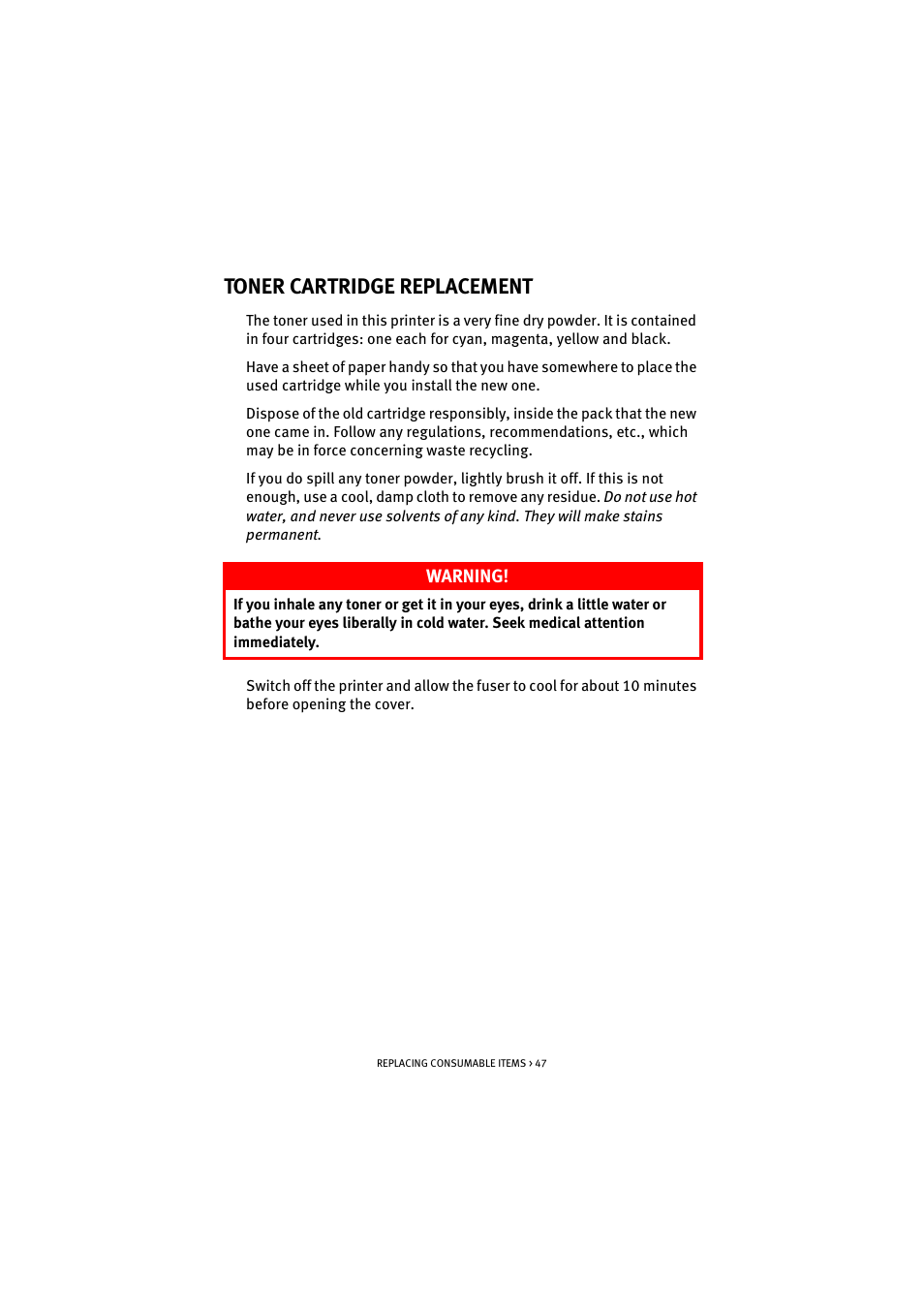 Toner cartridge replacement | Oki C 5100n User Manual | Page 47 / 81