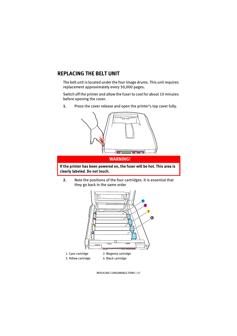 Replacing the belt unit, Warning | Oki C 5100n User Manual | Page 57 / 81