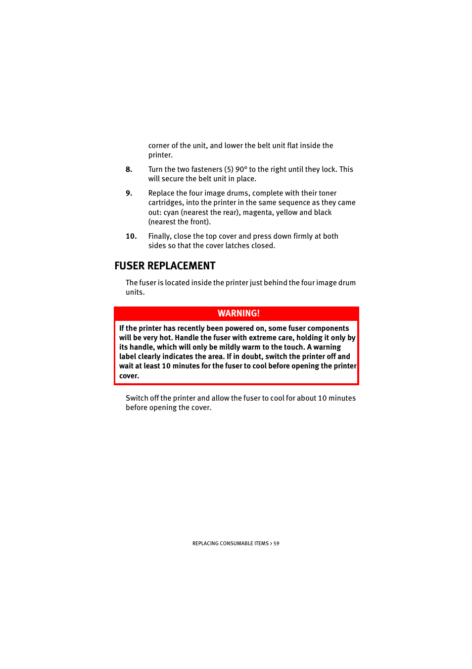 Fuser replacement, Warning | Oki C 5100n User Manual | Page 59 / 81