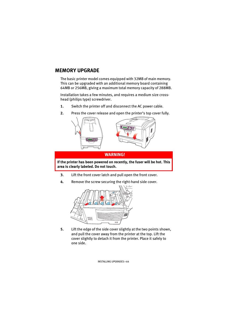 Memory upgrade, Warning | Oki C 5100n User Manual | Page 64 / 81