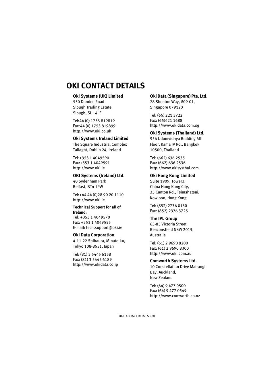 Oki contact details | Oki C 5100n User Manual | Page 80 / 81