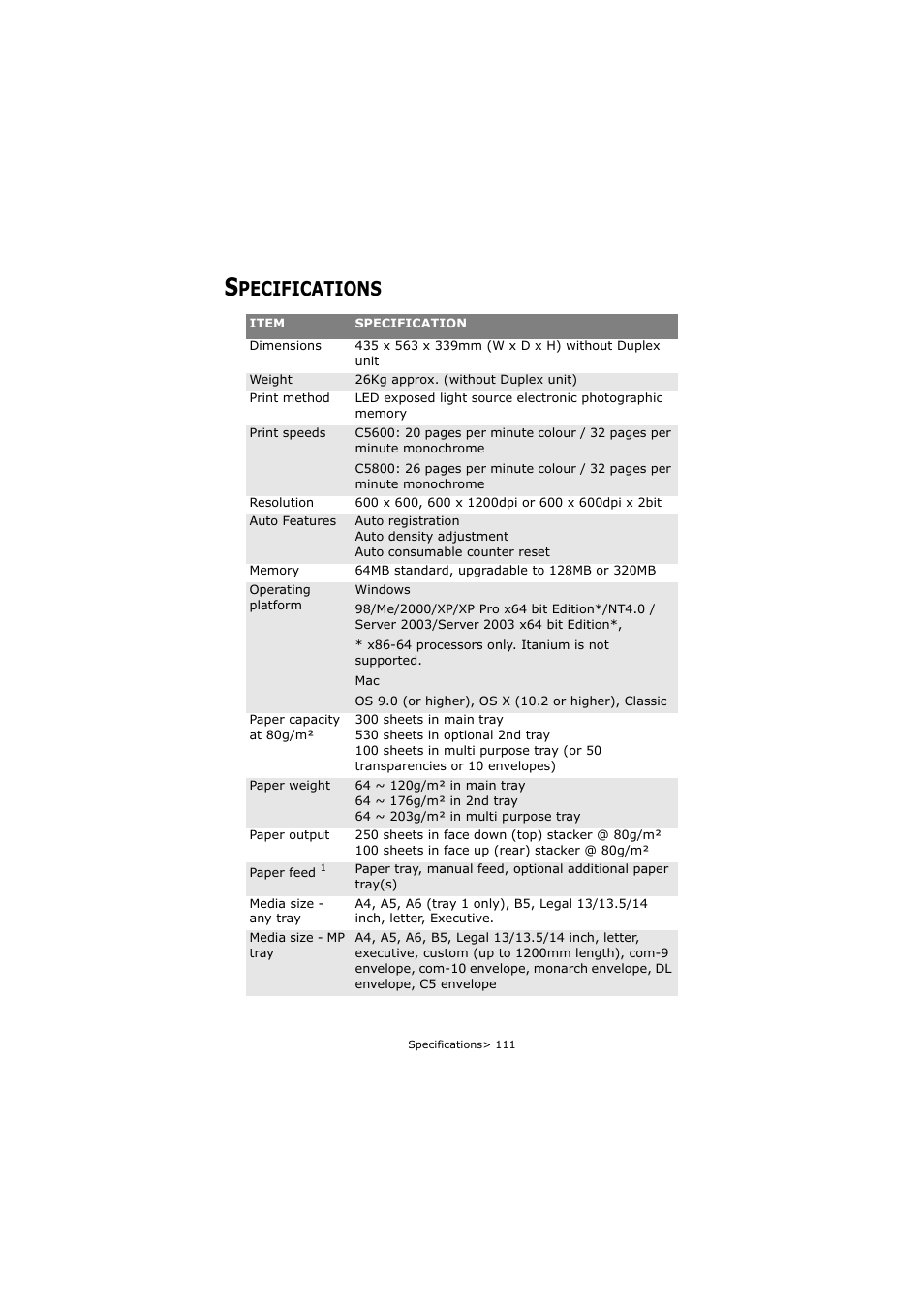 Specifications, Pecifications | Oki C5800 User Manual | Page 111 / 117