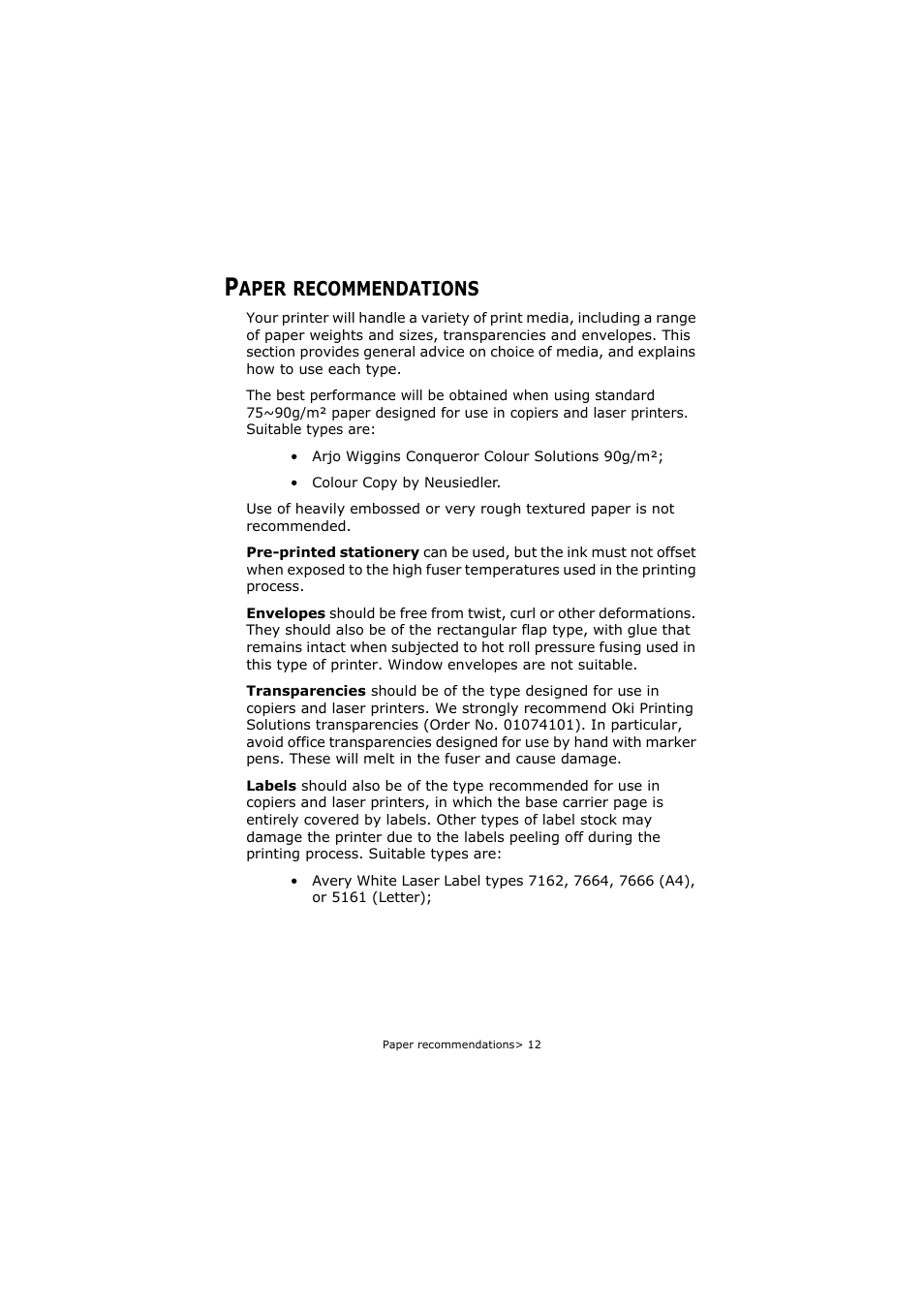 Paper recommendations, Aper, Recommendations | Oki C5800 User Manual | Page 12 / 117