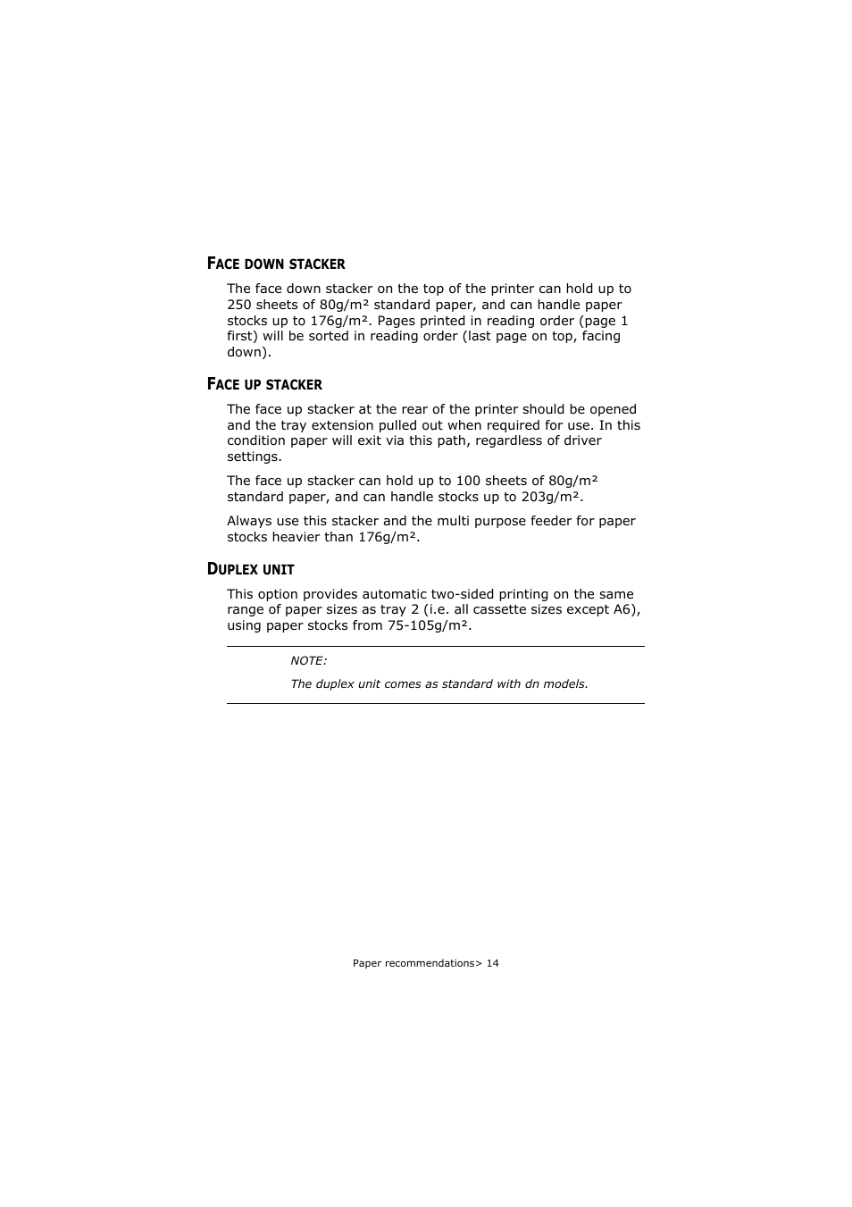 Face down stacker, Face up stacker, Duplex unit | Face down stacker face up stacker duplex unit | Oki C5800 User Manual | Page 14 / 117