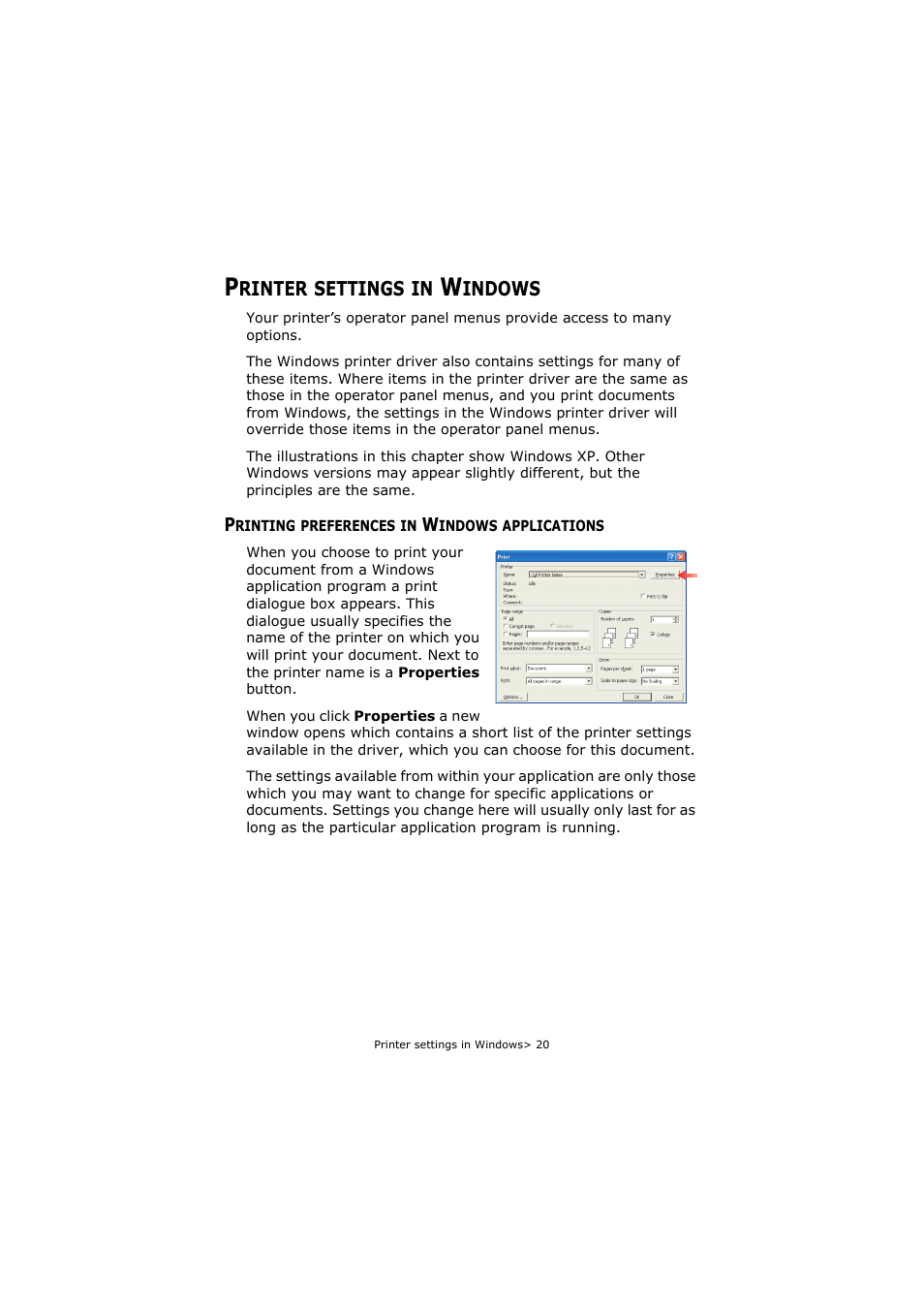 Printer settings in windows, Printing preferences in windows applications | Oki C5800 User Manual | Page 20 / 117