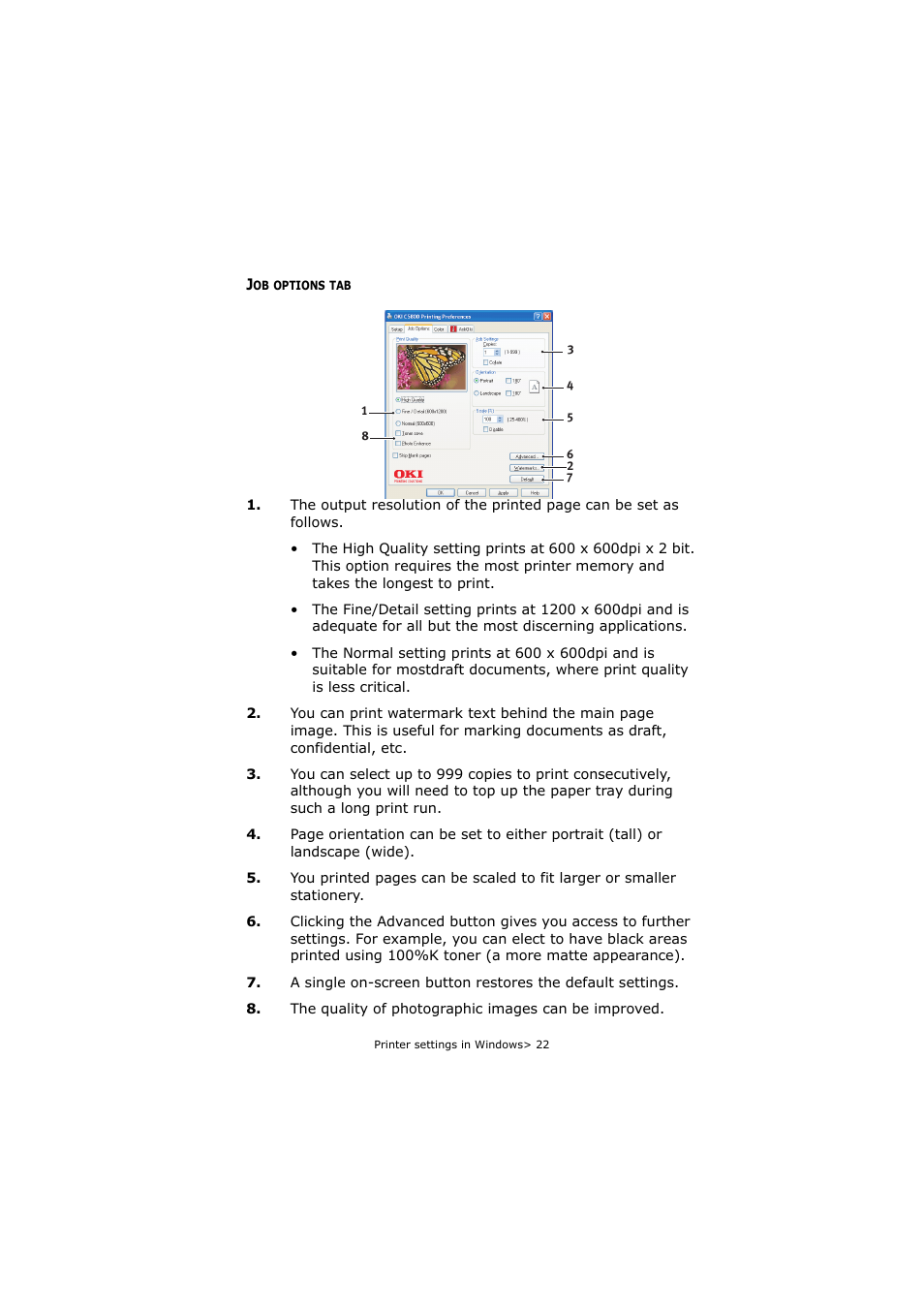 Job options tab | Oki C5800 User Manual | Page 22 / 117