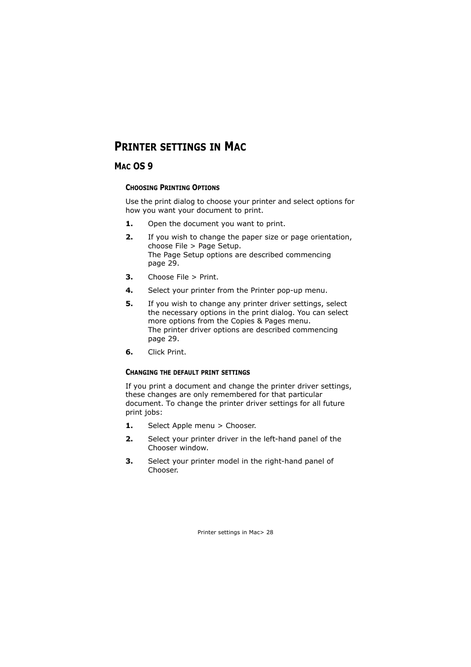 Printer settings in mac, Mac os 9, Choosing printing options | Changing the default print settings, Rinter, Settings, Os 9 | Oki C5800 User Manual | Page 28 / 117