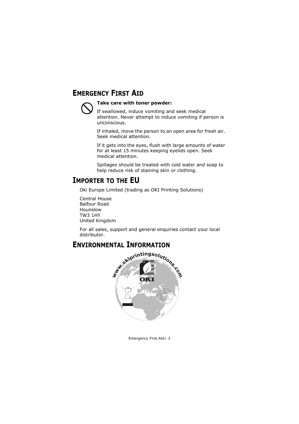 Emergency first aid, Importer to the eu, Environmental information | Oki C5800 User Manual | Page 3 / 117
