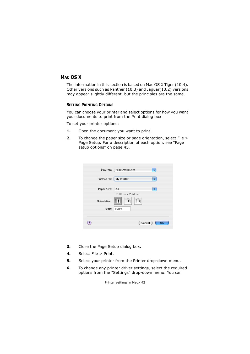 Mac os x, Setting printing options, Os x | Oki C5800 User Manual | Page 42 / 117