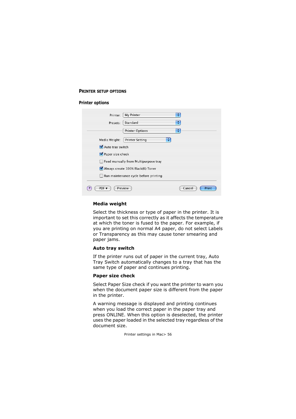 Printer setup options | Oki C5800 User Manual | Page 56 / 117