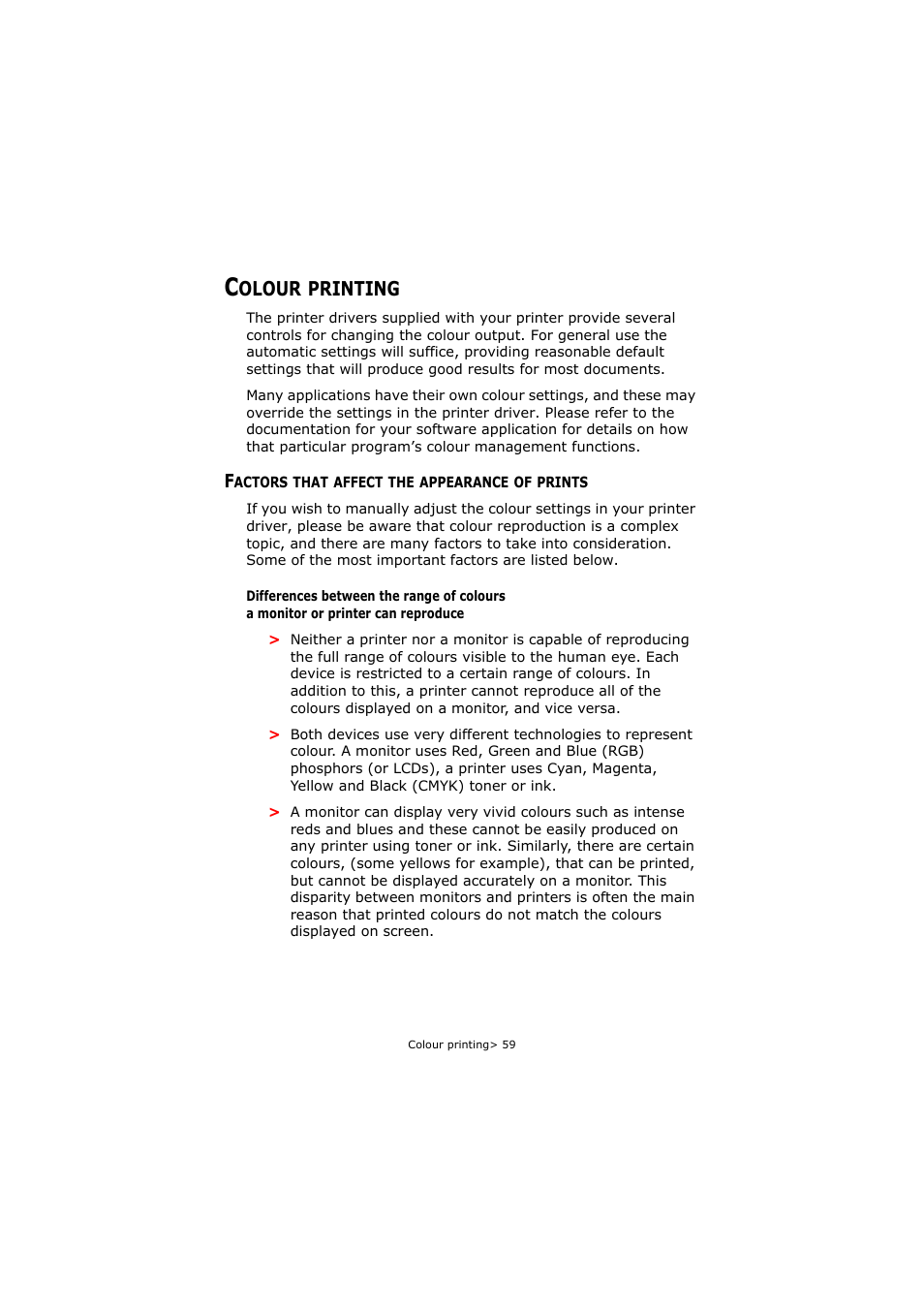 Colour printing, Factors that affect the appearance of prints, Olour | Printing | Oki C5800 User Manual | Page 59 / 117