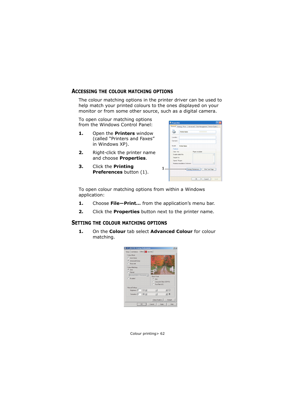 Accessing the colour matching options, Setting the colour matching options | Oki C5800 User Manual | Page 62 / 117