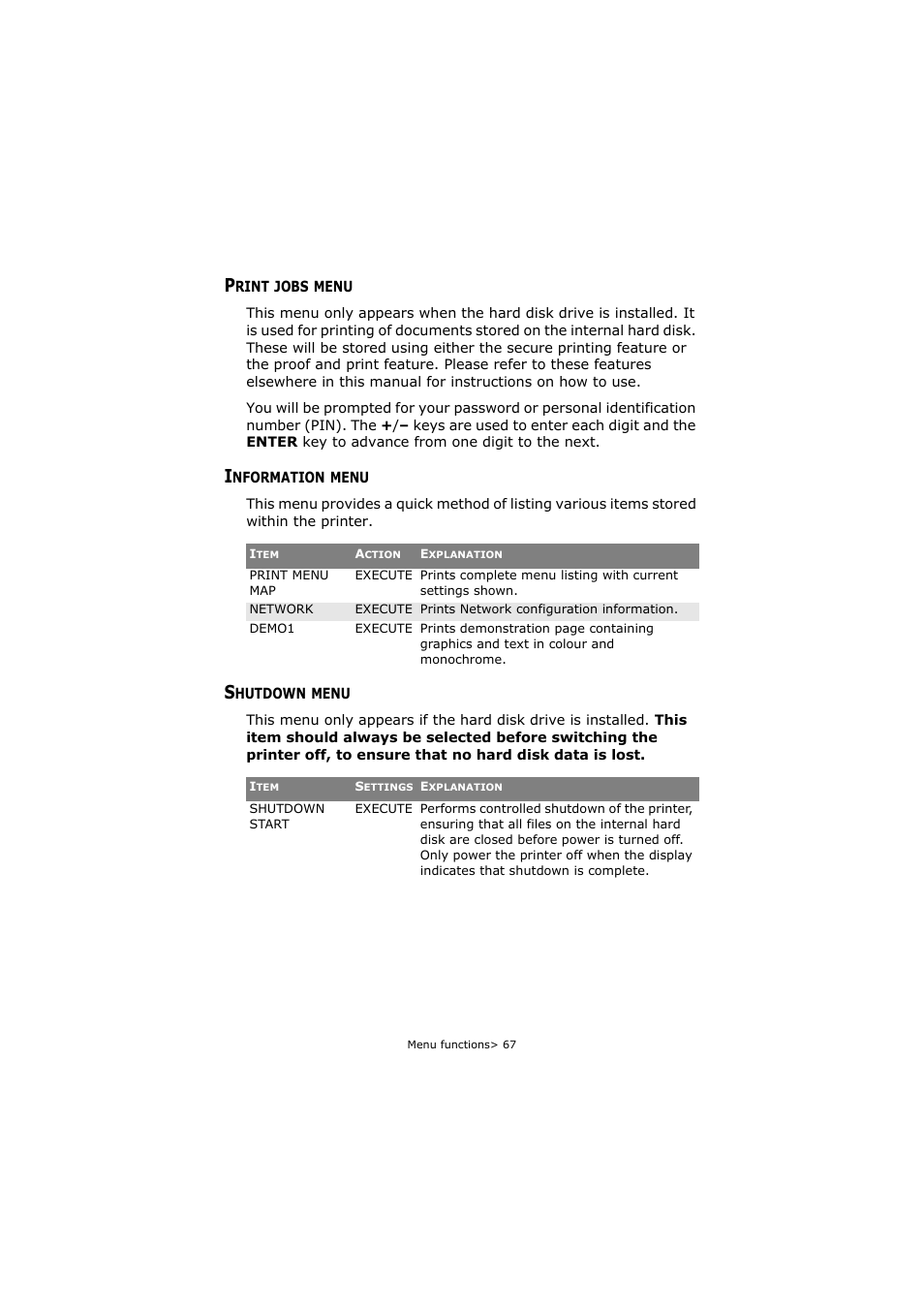 Print jobs menu, Information menu, Shutdown menu | Print jobs menu information menu shutdown menu | Oki C5800 User Manual | Page 67 / 117