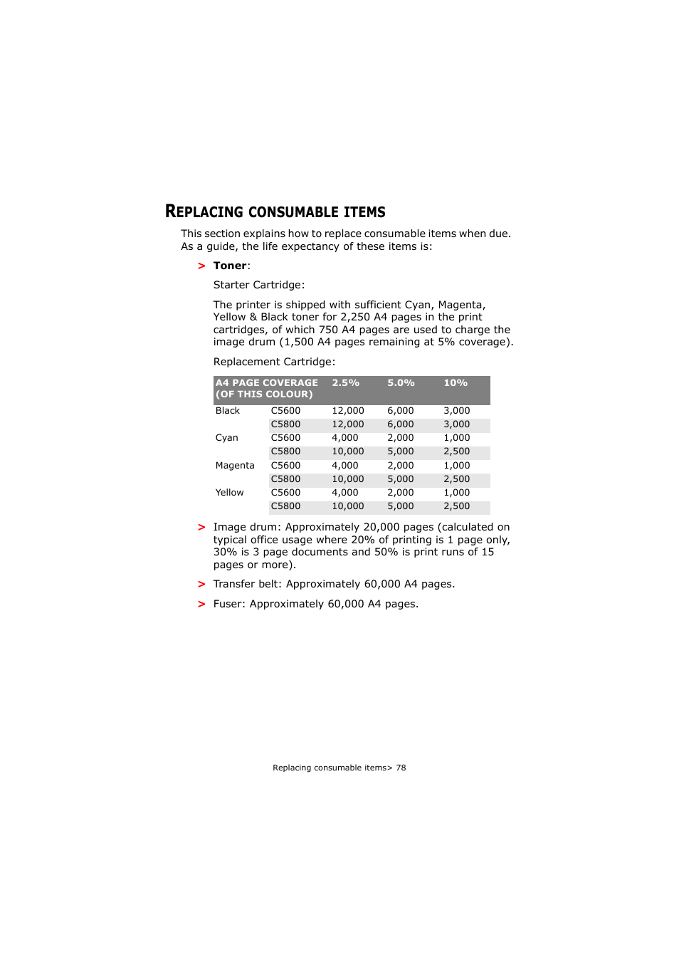 Replacing consumable items, Eplacing, Consumable | Items | Oki C5800 User Manual | Page 78 / 117