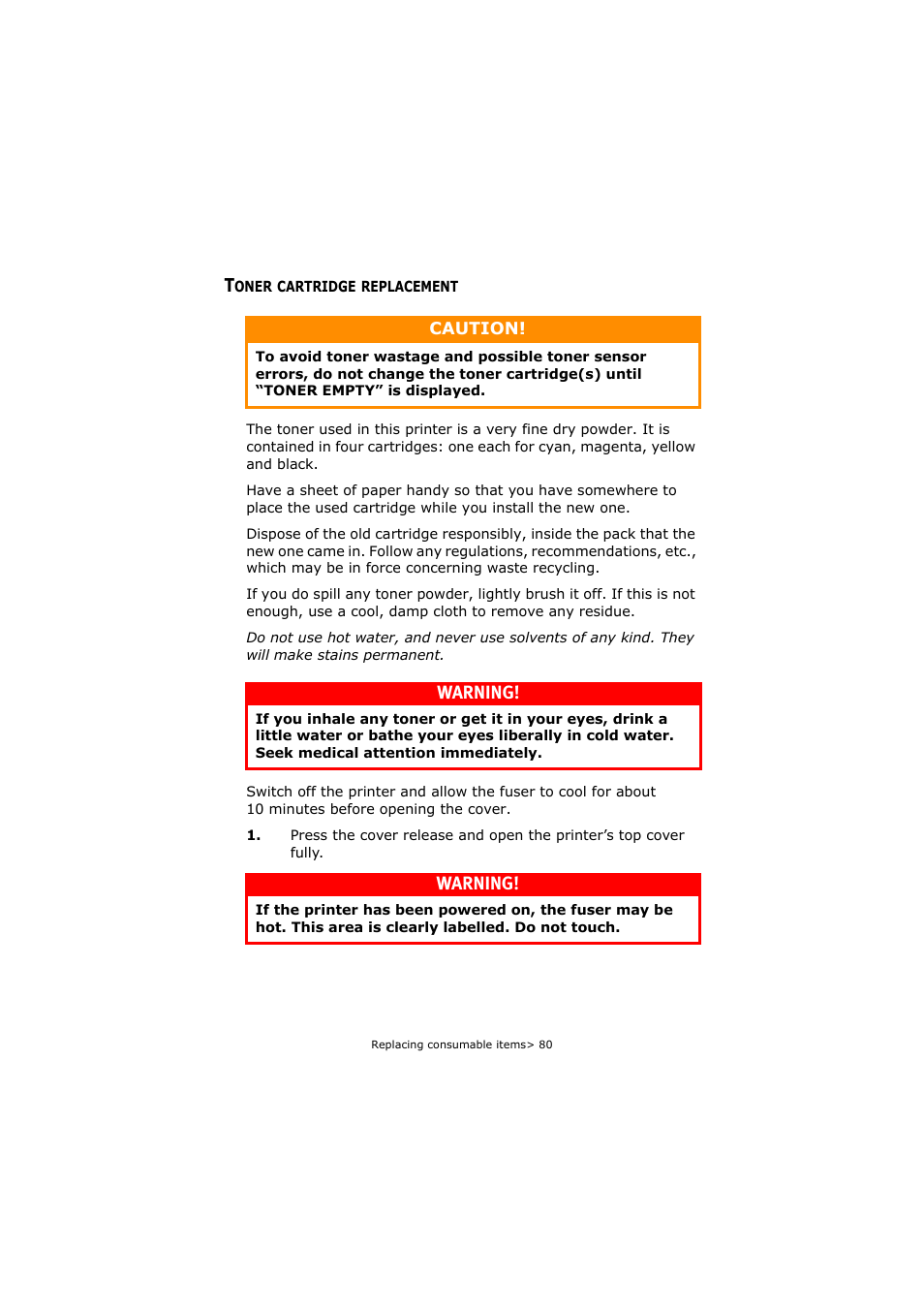 Toner cartridge replacement, Warning | Oki C5800 User Manual | Page 80 / 117