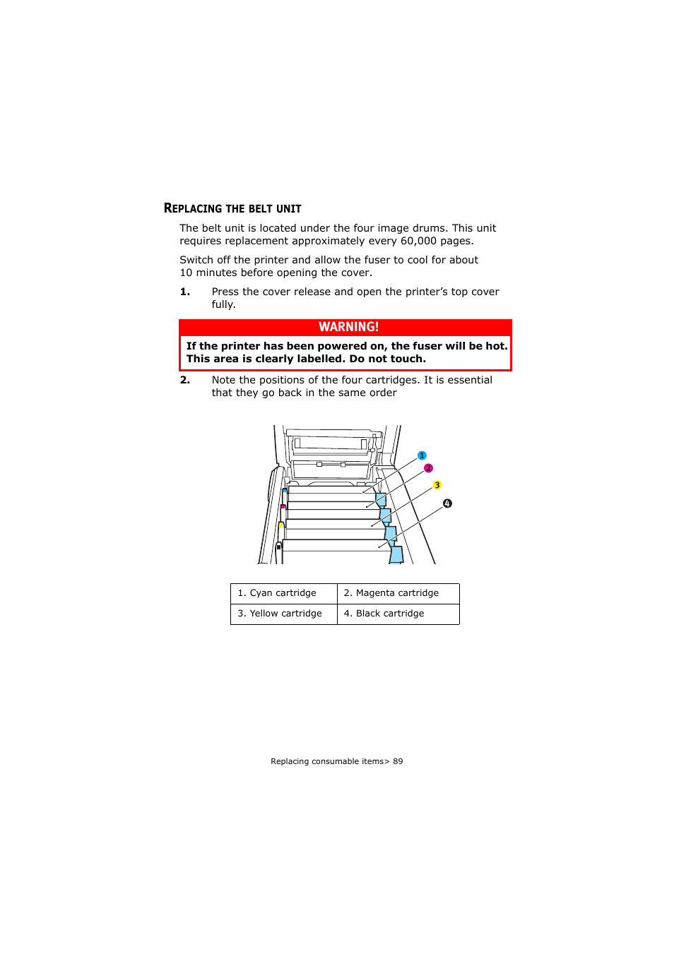 Replacing the belt unit, Warning | Oki C5800 User Manual | Page 89 / 117