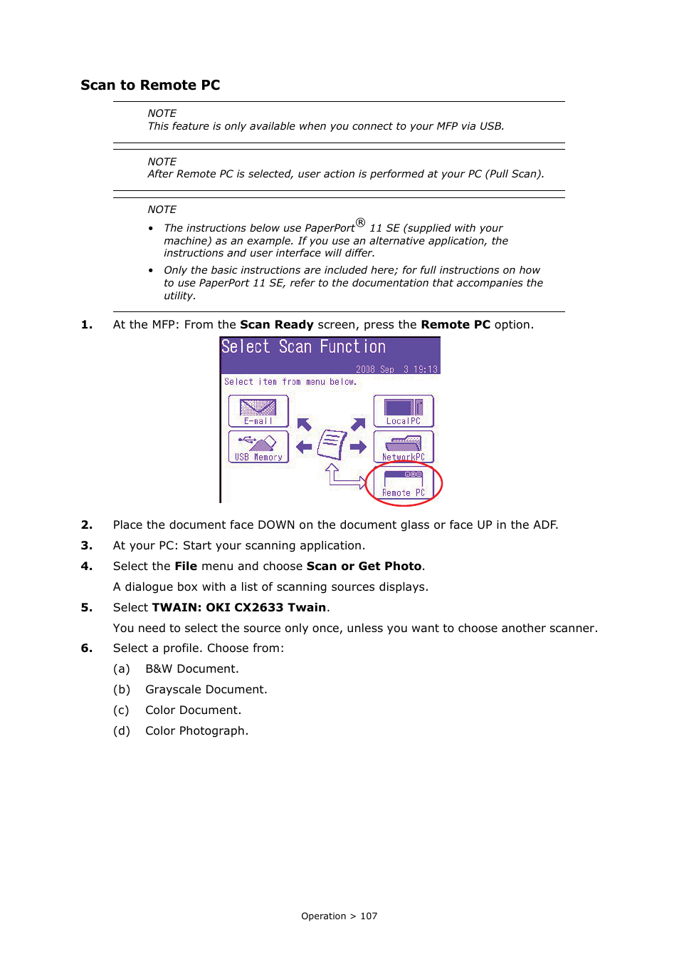 Scan to remote pc | Oki PRINTING SOLUTIONS MULTIFUNCTION PRINTER CX2633 User Manual | Page 107 / 180