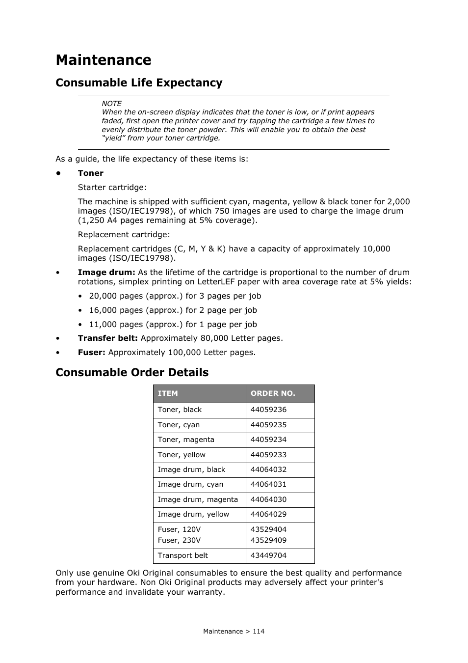 Maintenance, Consumable life expectancy, Consumable order details | Oki PRINTING SOLUTIONS MULTIFUNCTION PRINTER CX2633 User Manual | Page 114 / 180