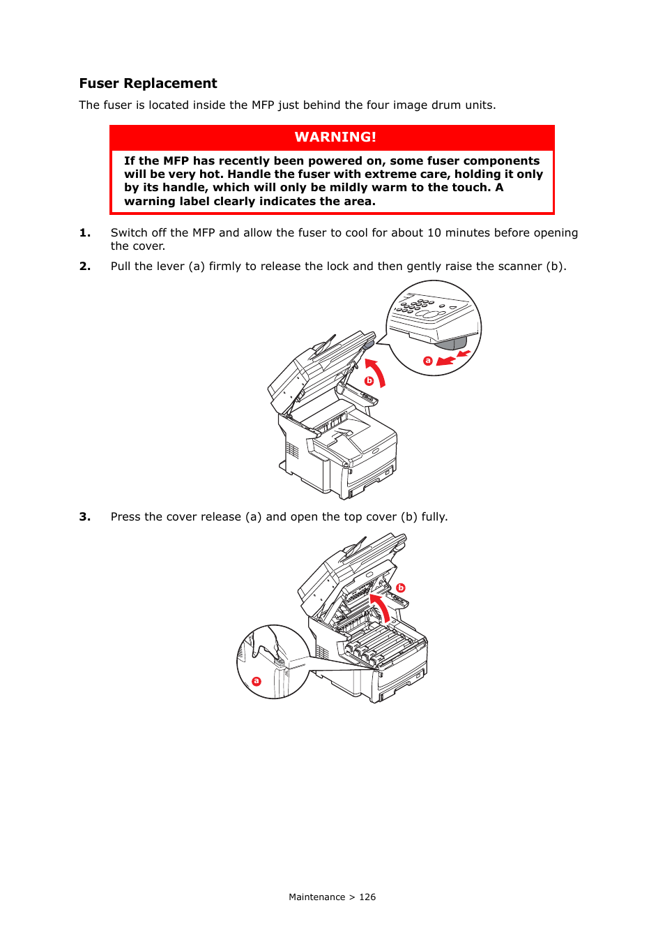 Fuser replacement, Warning | Oki PRINTING SOLUTIONS MULTIFUNCTION PRINTER CX2633 User Manual | Page 126 / 180