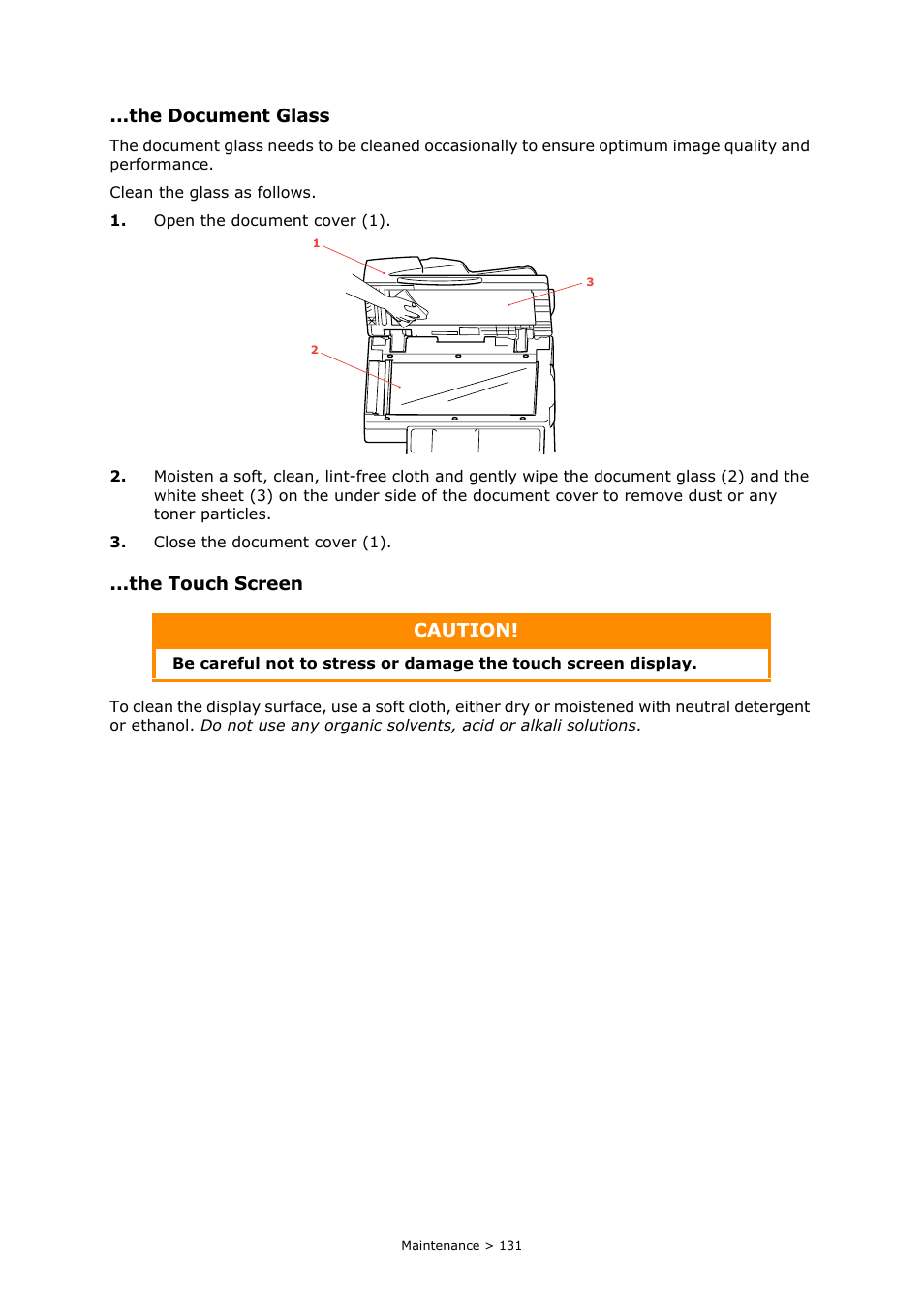 The document glass, The touch screen, Caution | Oki PRINTING SOLUTIONS MULTIFUNCTION PRINTER CX2633 User Manual | Page 131 / 180