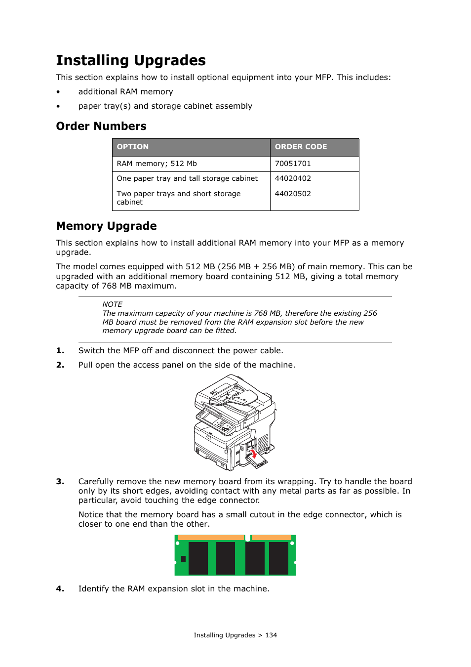 Installing upgrades, Order numbers, Memory upgrade | Oki PRINTING SOLUTIONS MULTIFUNCTION PRINTER CX2633 User Manual | Page 134 / 180