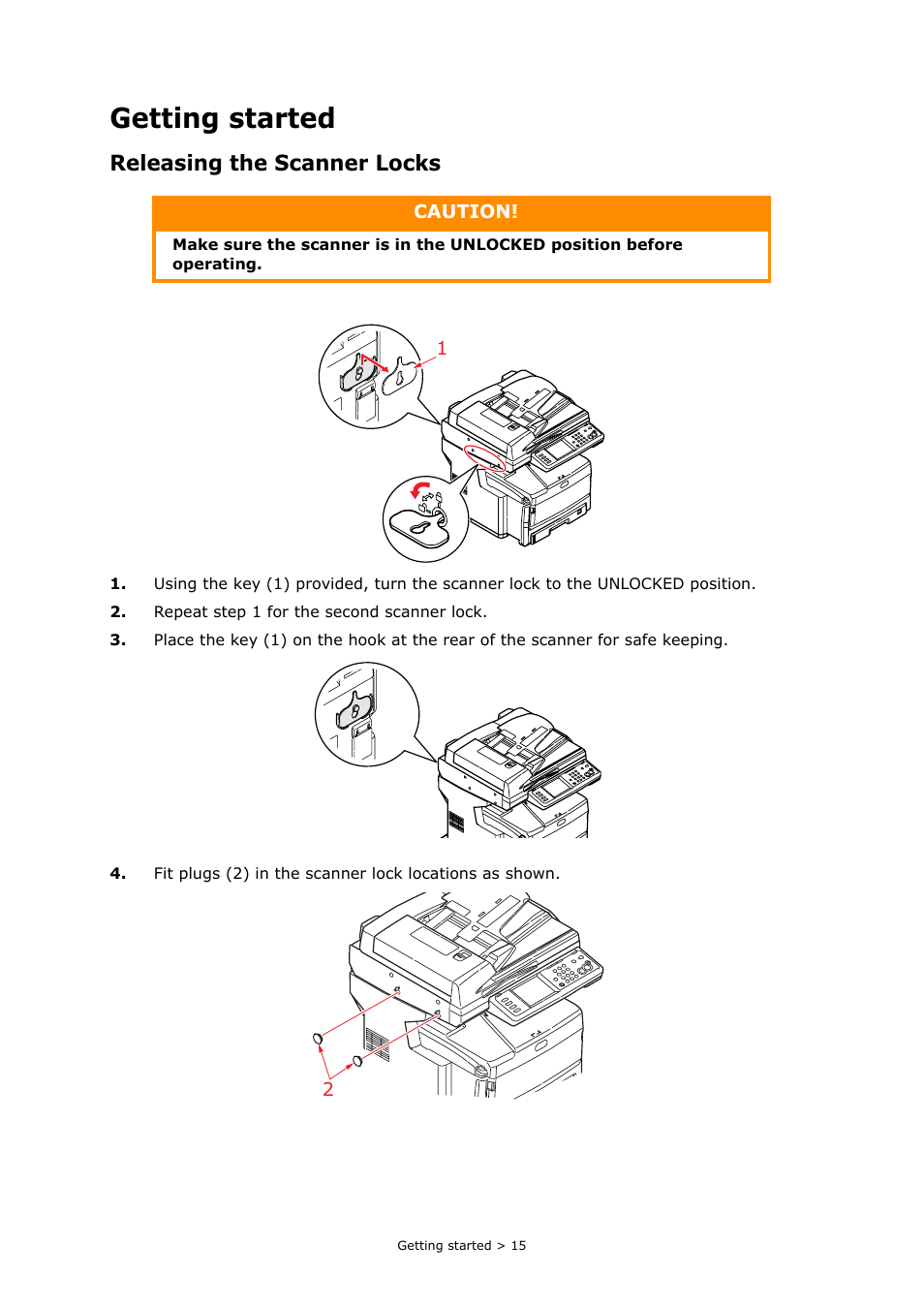 Getting started, Releasing the scanner locks | Oki PRINTING SOLUTIONS MULTIFUNCTION PRINTER CX2633 User Manual | Page 15 / 180