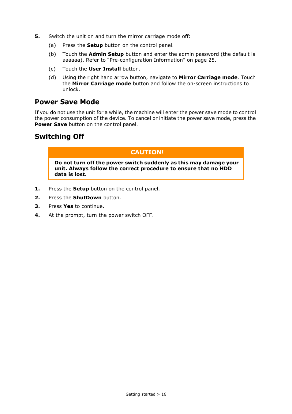 Power save mode, Switching off, Caution | Oki PRINTING SOLUTIONS MULTIFUNCTION PRINTER CX2633 User Manual | Page 16 / 180