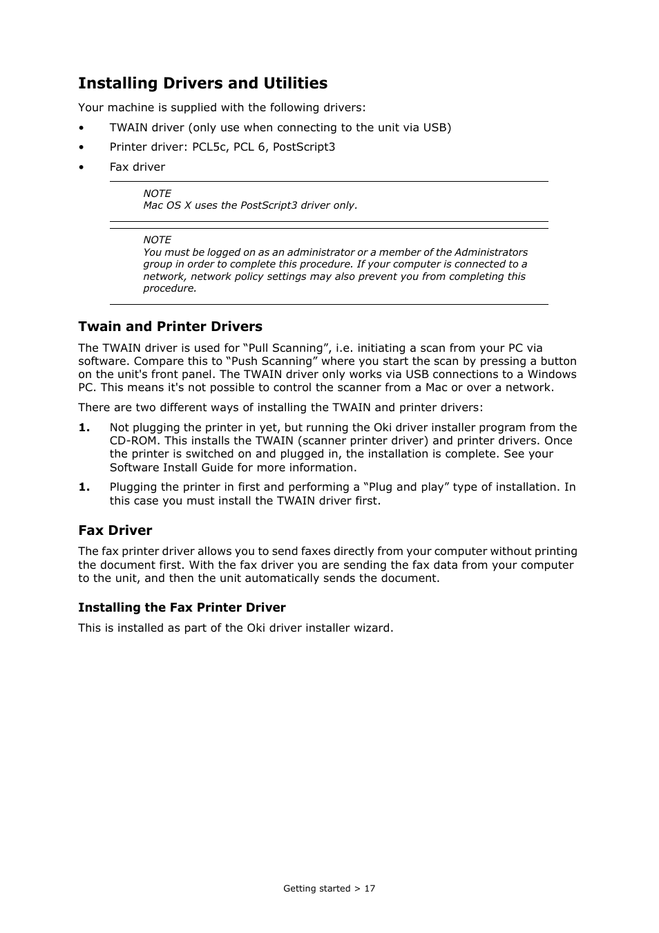 Installing drivers and utilities, Twain and printer drivers, Fax driver | Oki PRINTING SOLUTIONS MULTIFUNCTION PRINTER CX2633 User Manual | Page 17 / 180