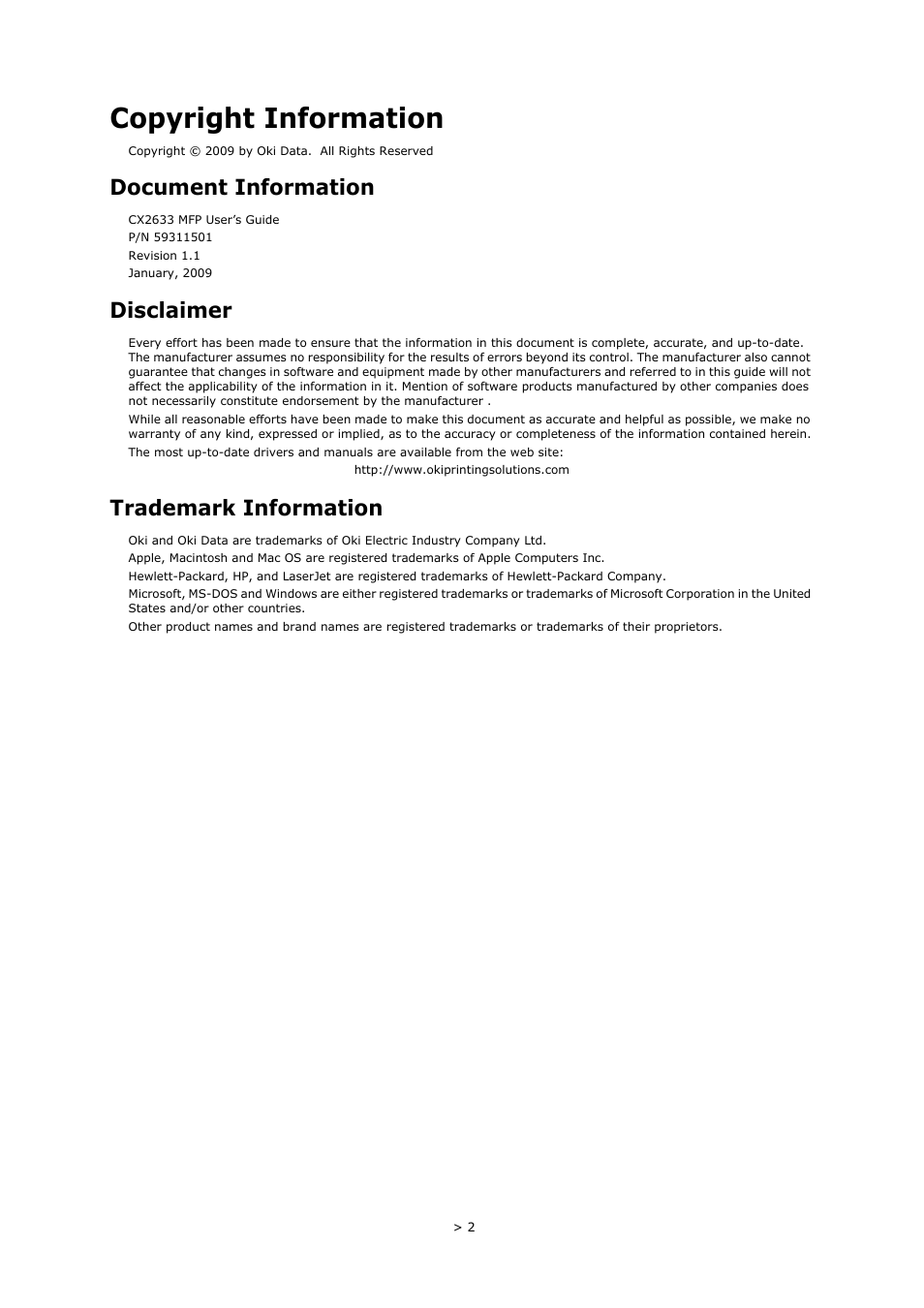 Copyright information, Document information, Disclaimer | Trademark information | Oki PRINTING SOLUTIONS MULTIFUNCTION PRINTER CX2633 User Manual | Page 2 / 180