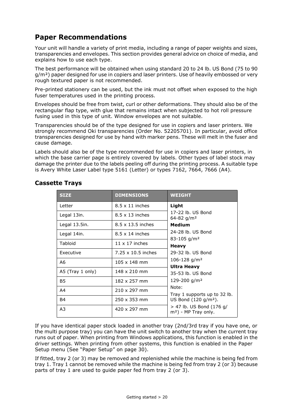 Paper recommendations, Cassette trays | Oki PRINTING SOLUTIONS MULTIFUNCTION PRINTER CX2633 User Manual | Page 20 / 180