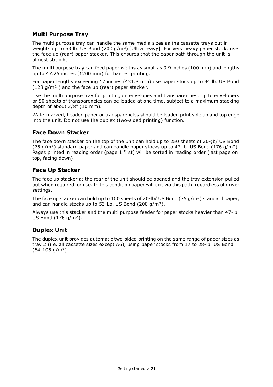 Multi purpose tray, Face down stacker, Face up stacker | Duplex unit | Oki PRINTING SOLUTIONS MULTIFUNCTION PRINTER CX2633 User Manual | Page 21 / 180