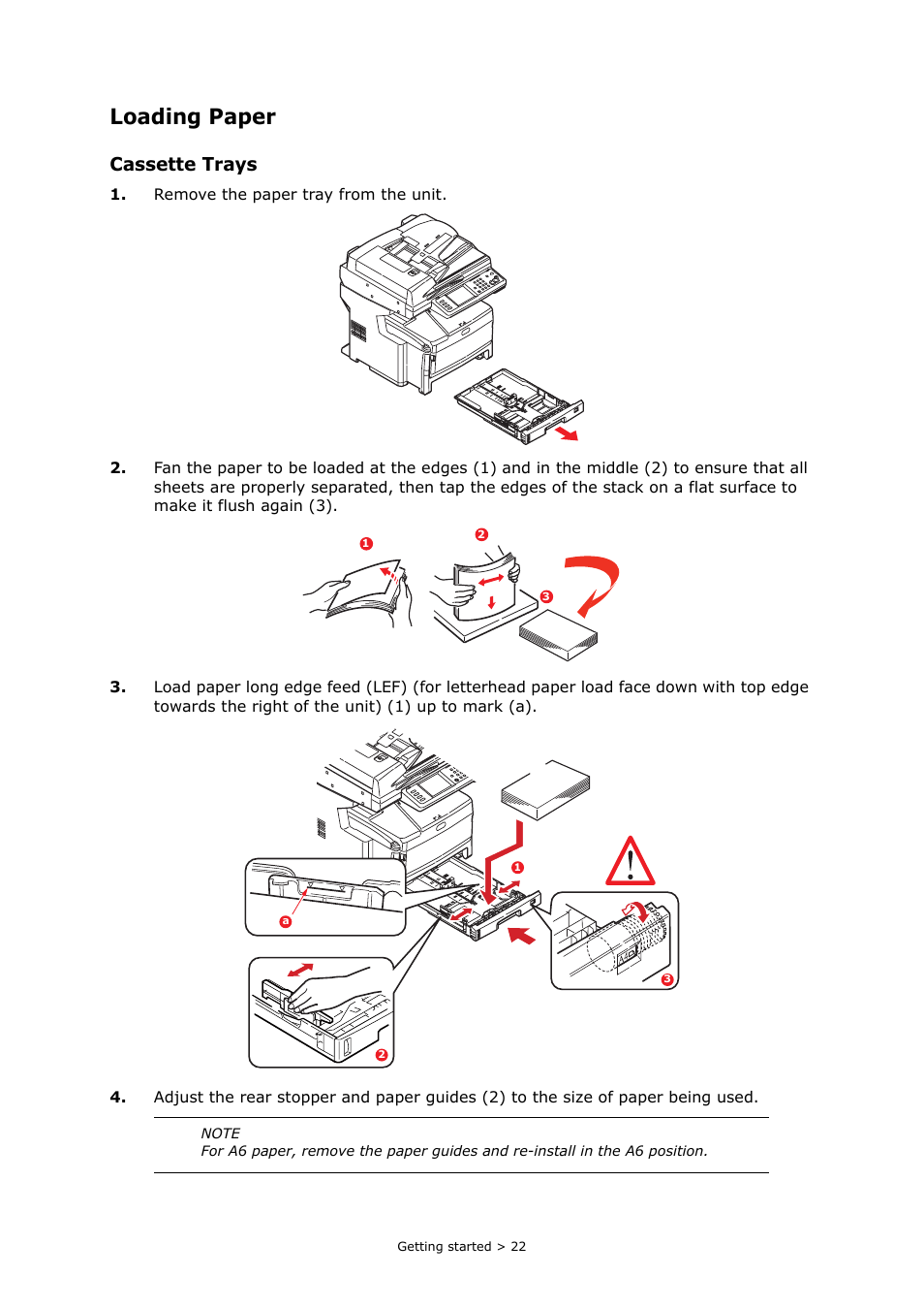 Loading paper, Cassette trays | Oki PRINTING SOLUTIONS MULTIFUNCTION PRINTER CX2633 User Manual | Page 22 / 180