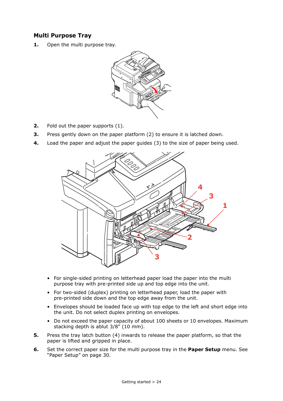 Multi purpose tray | Oki PRINTING SOLUTIONS MULTIFUNCTION PRINTER CX2633 User Manual | Page 24 / 180