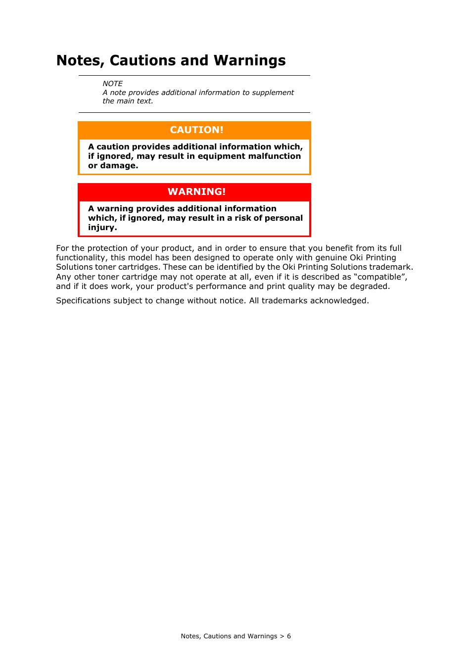 Notes, cautions and warnings | Oki PRINTING SOLUTIONS MULTIFUNCTION PRINTER CX2633 User Manual | Page 6 / 180