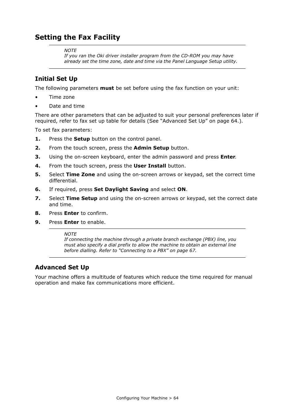 Setting the fax facility, Initial set up, Advanced set up | Oki PRINTING SOLUTIONS MULTIFUNCTION PRINTER CX2633 User Manual | Page 64 / 180