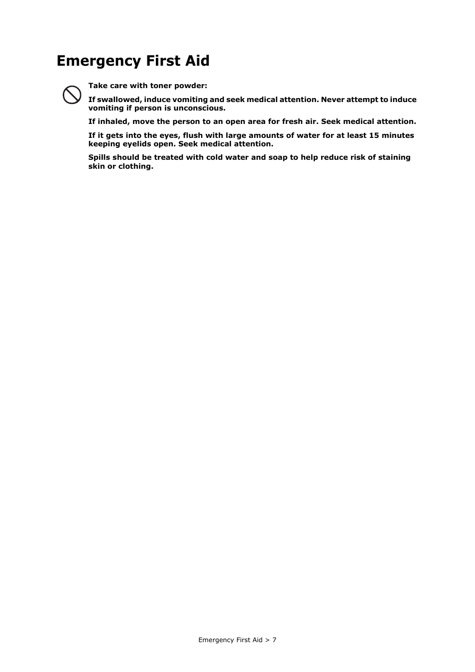Emergency first aid | Oki PRINTING SOLUTIONS MULTIFUNCTION PRINTER CX2633 User Manual | Page 7 / 180