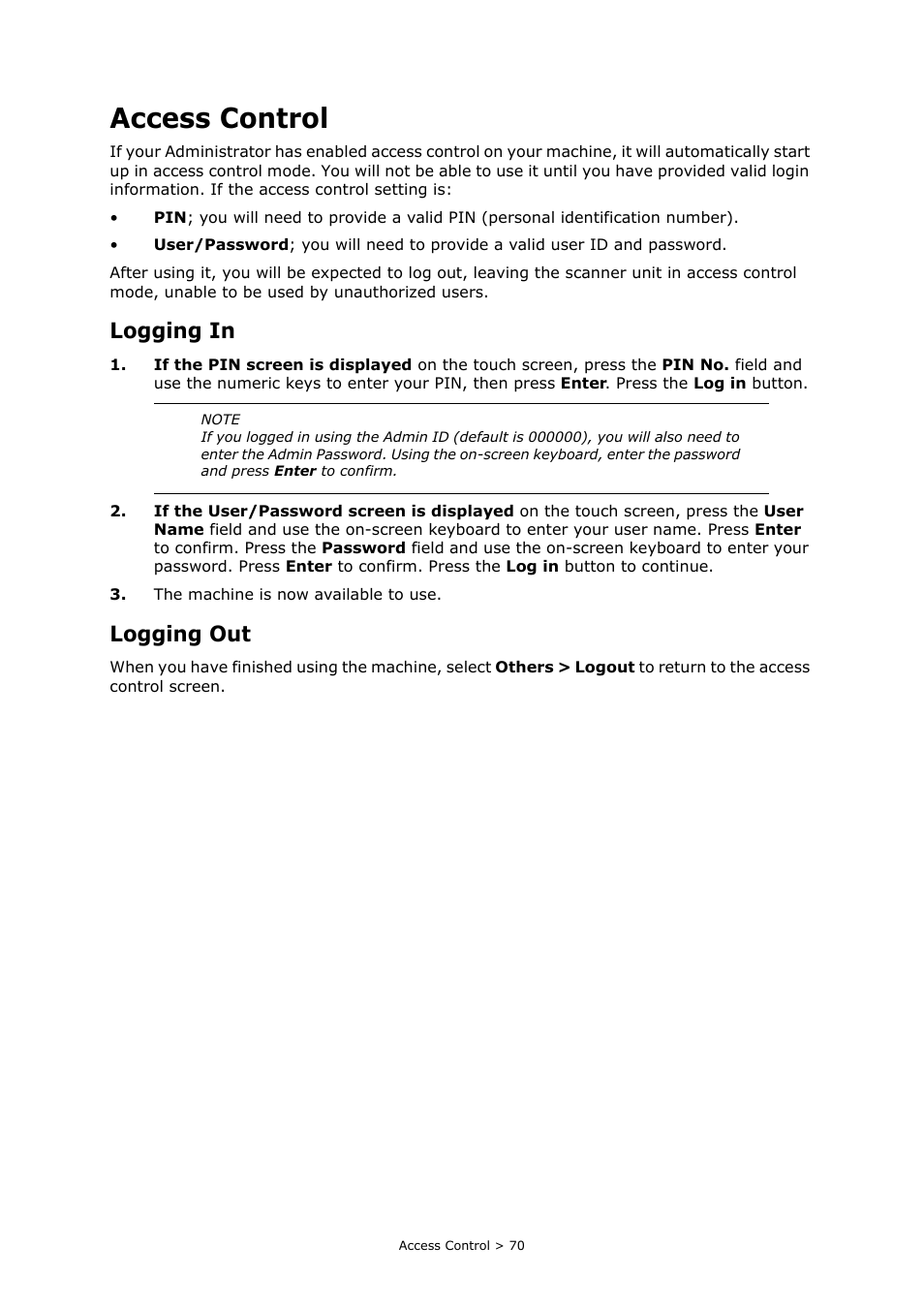 Access control, Logging in, Logging out | Oki PRINTING SOLUTIONS MULTIFUNCTION PRINTER CX2633 User Manual | Page 70 / 180