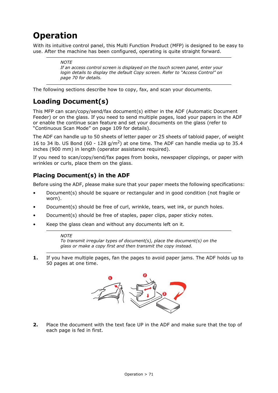 Operation, Loading document(s), Placing document(s) in the adf | Oki PRINTING SOLUTIONS MULTIFUNCTION PRINTER CX2633 User Manual | Page 71 / 180