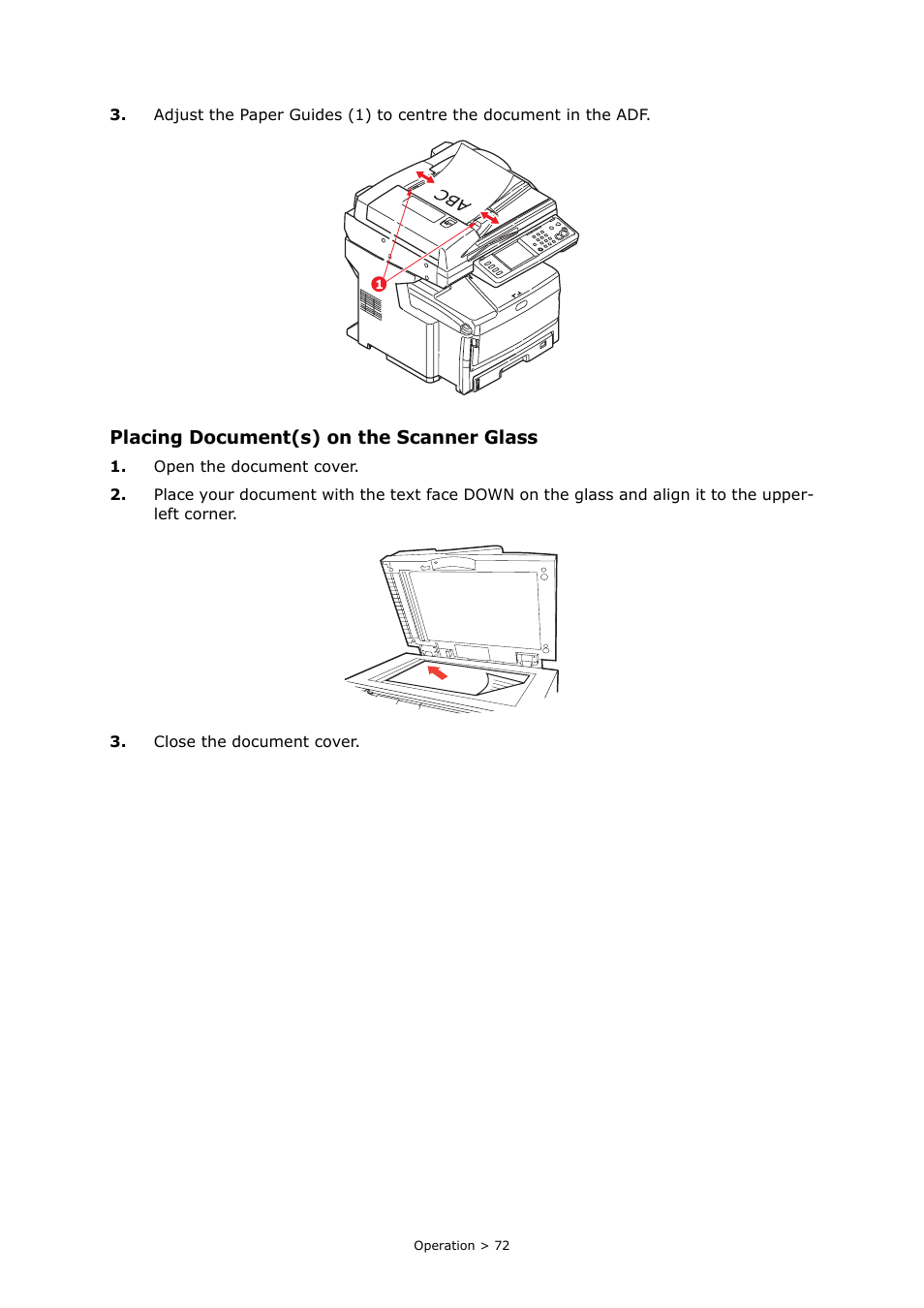 Placing document(s) on the scanner glass | Oki PRINTING SOLUTIONS MULTIFUNCTION PRINTER CX2633 User Manual | Page 72 / 180