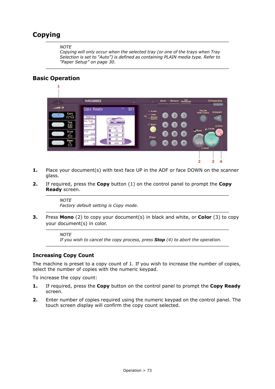 Copying, Basic operation | Oki PRINTING SOLUTIONS MULTIFUNCTION PRINTER CX2633 User Manual | Page 73 / 180
