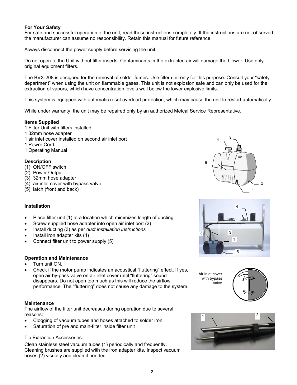 For your safety, Items supplied, Description | Installation, Operation and maintenance, Maintenance | Oki BTX-208 User Manual | Page 2 / 4