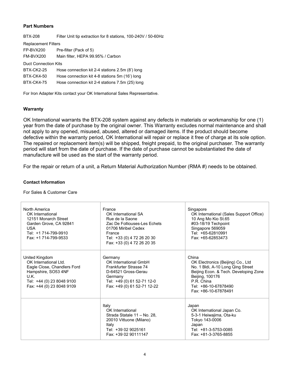 Part numbers, Warranty, Contact information | Oki BTX-208 User Manual | Page 4 / 4