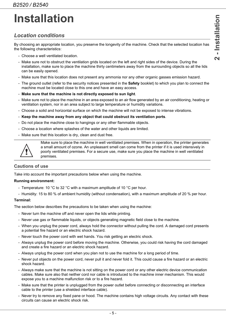 Installation, Location conditions, Cautions of use | Installation 5, 2 - installation | Oki B2500 Series User Manual | Page 10 / 73