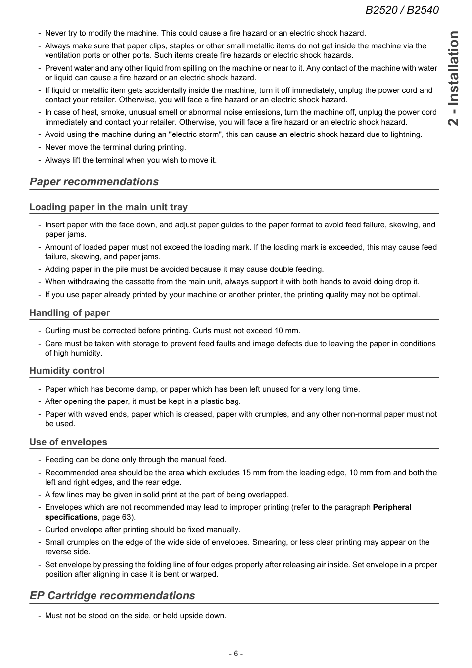 Paper recommendations, Loading paper in the main unit tray, Handling of paper | Humidity control, Use of envelopes, Ep cartridge recommendations, 2 - installation | Oki B2500 Series User Manual | Page 11 / 73