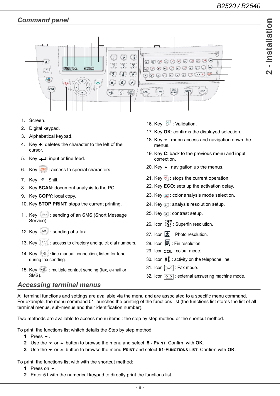 Command panel, Accessing terminal menus, 2 - installation | Command panel accessing terminal menus | Oki B2500 Series User Manual | Page 13 / 73