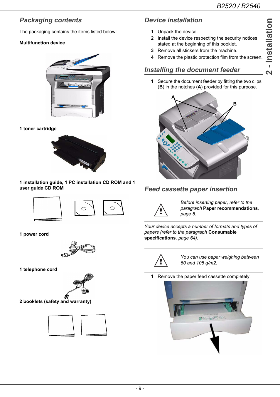 Packaging contents, Device installation, Installing the document feeder | Feed cassette paper insertion, 2 - installation | Oki B2500 Series User Manual | Page 14 / 73