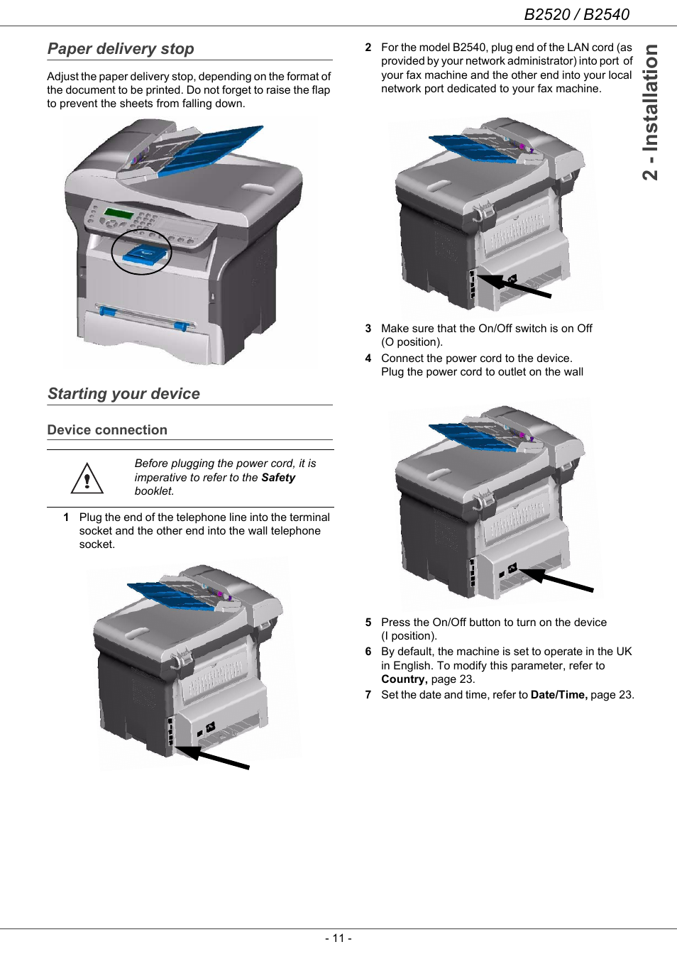 Paper delivery stop, Starting your device, Device connection | 2 - installation | Oki B2500 Series User Manual | Page 16 / 73