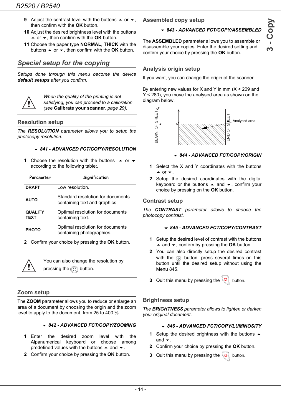 Special setup for the copying, Resolution setup, Zoom setup | Assembled copy setup, Analysis origin setup, Contrast setup, Brightness setup, 3 - co py | Oki B2500 Series User Manual | Page 19 / 73