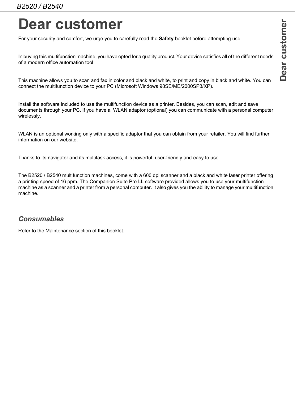 Dear customer, Consumables | Oki B2500 Series User Manual | Page 2 / 73