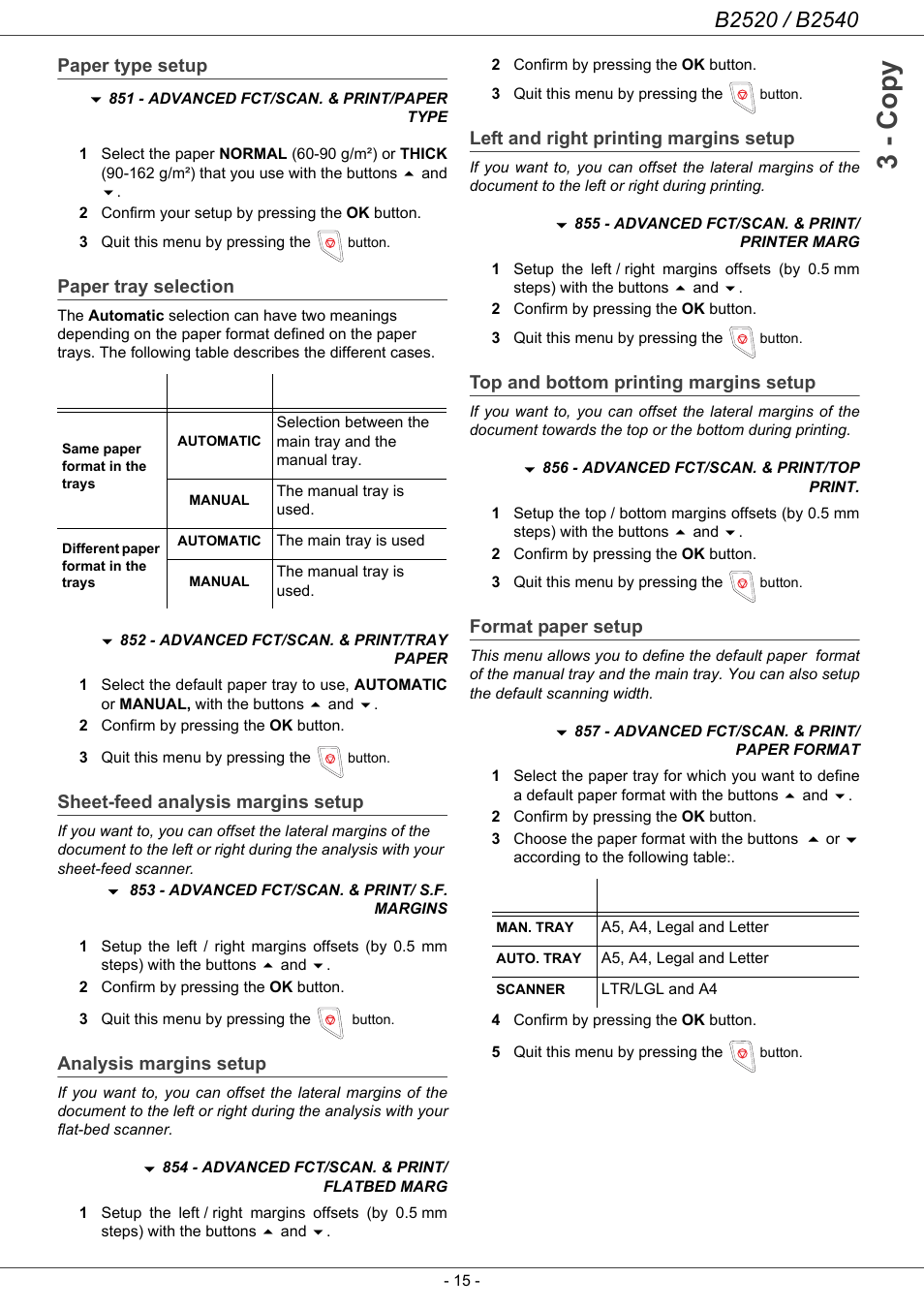 Paper type setup, Paper tray selection, Sheet-feed analysis margins setup | Analysis margins setup, Left and right printing margins setup, Top and bottom printing margins setup, Format paper setup, 3 - co py | Oki B2500 Series User Manual | Page 20 / 73